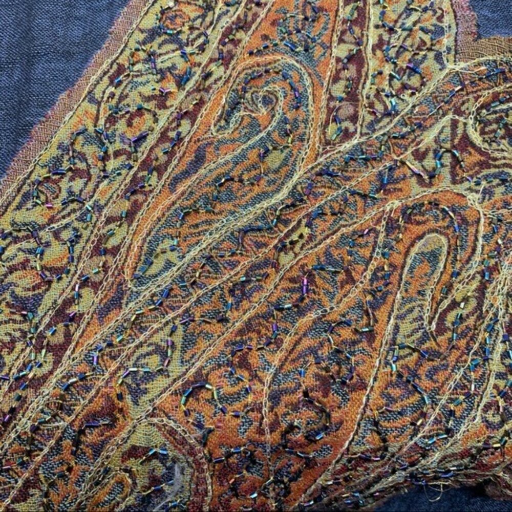 Beaded wrap 74" large fringe scarf runner MCM boho Old Money luxury